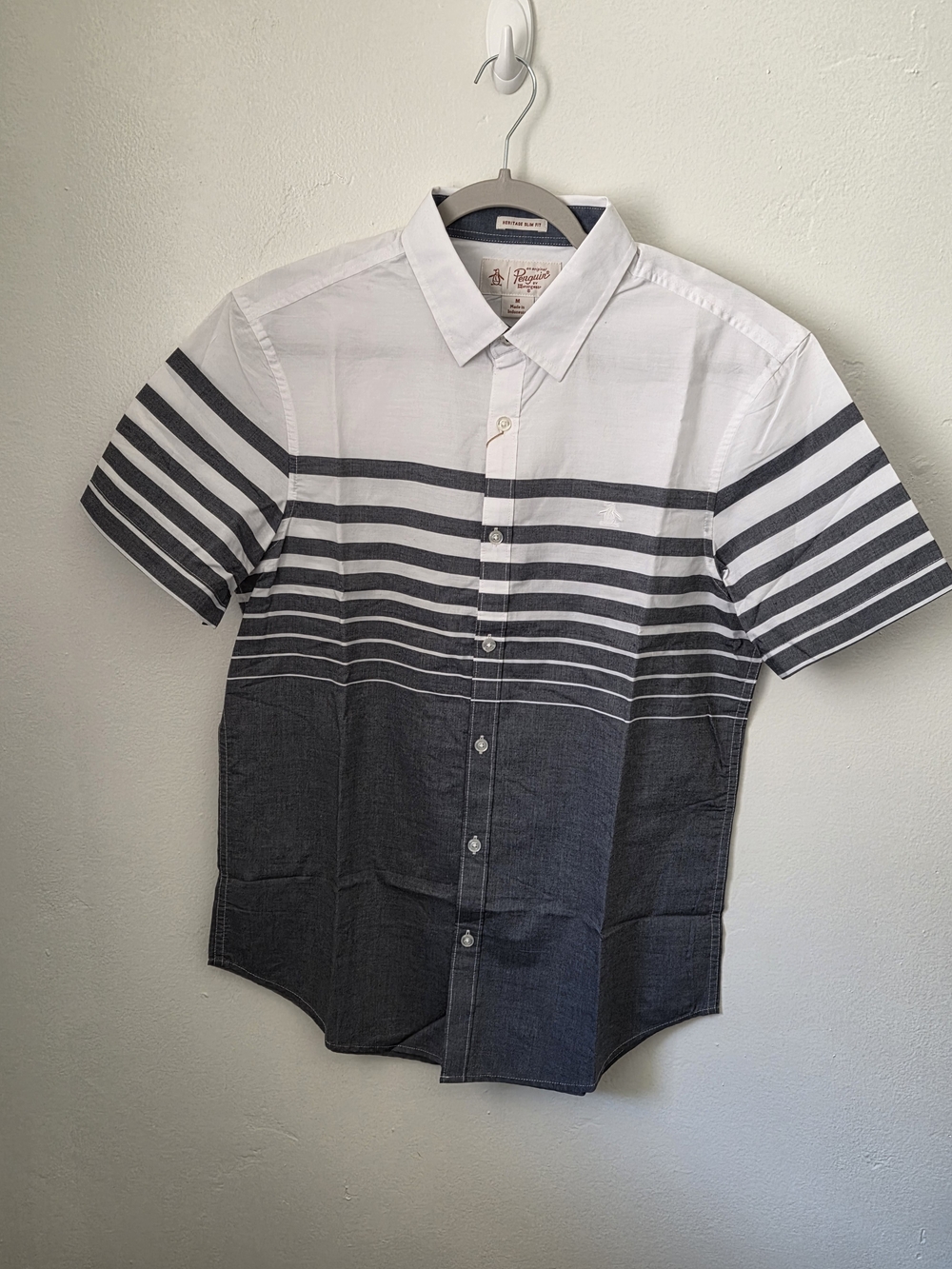 Original Penguin Short-Sleeve Ombre Stripe Button-Down Shirt - White & Dark Gray